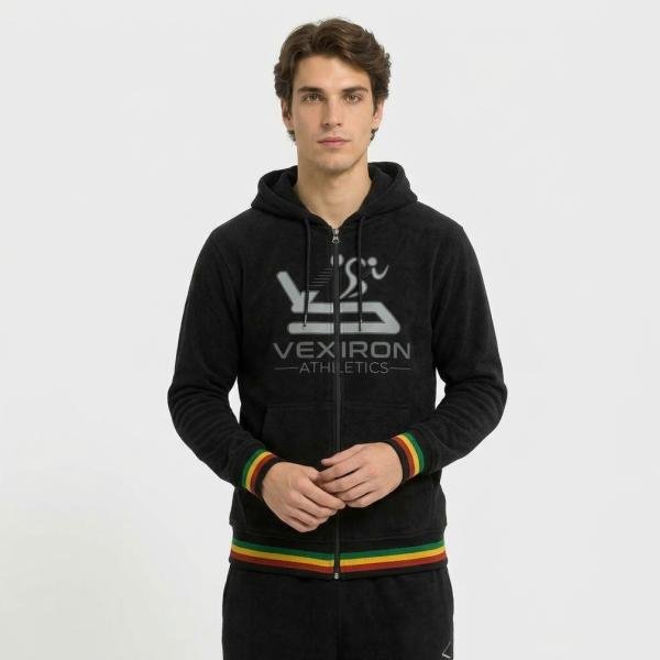 Men's Black Zipper Hoodie – Vexiron Athletics Graphic Sweatshirt with Multicolor Striped Cuffs