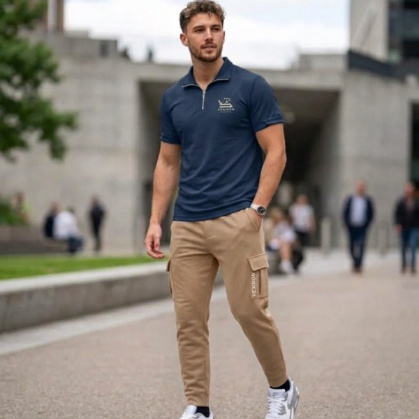 Premium Men's Navy & Khaki Athletic Polo Tracksuit Set - Small to XX-L